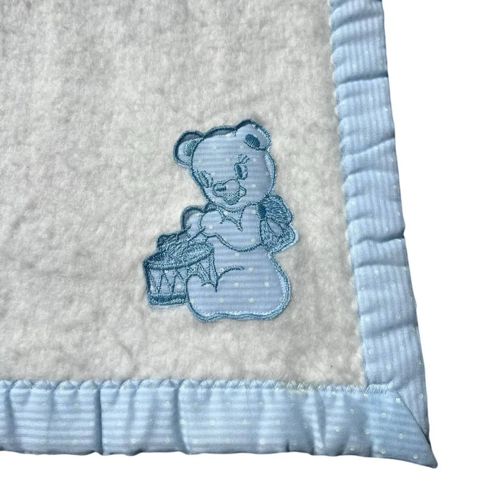 VTG Baby Blanket Blue Teddy Bear Drums Drummer Made in USA 45.5 x 36” 1960s 70s